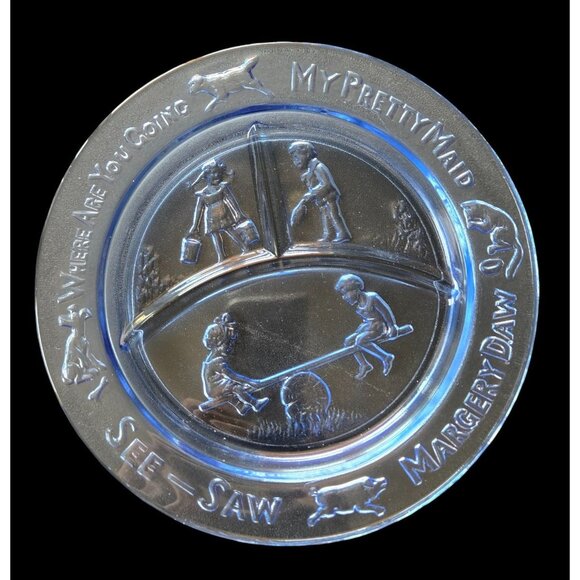 Vintage Nursery Rhyme Childs Plate See-Saw Margery Daw Design Collectible Blue - Picture 2 of 10